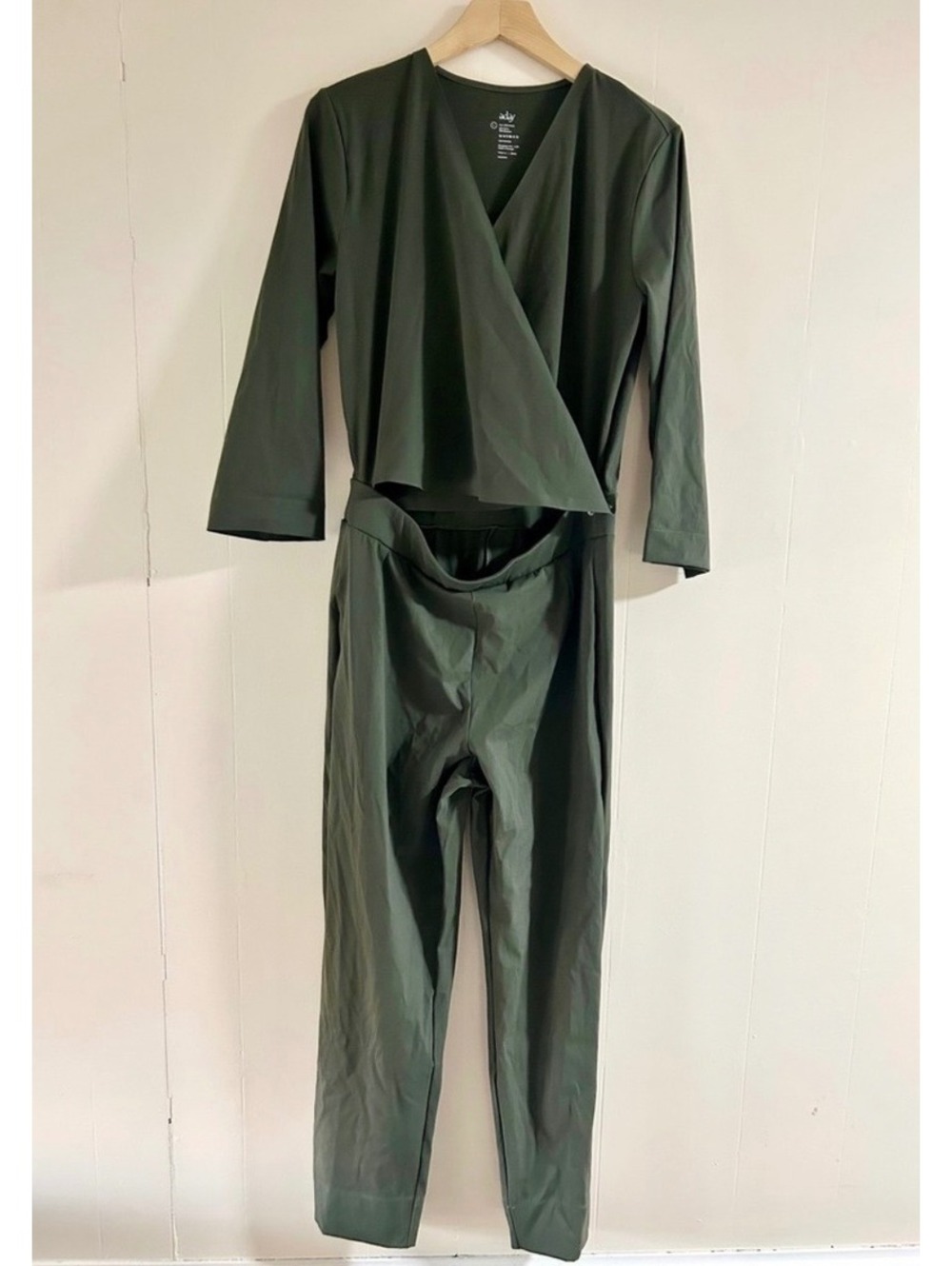 ADAY Olive Green Wrap-Style Long Sleeve Jumpsuit, Size Large